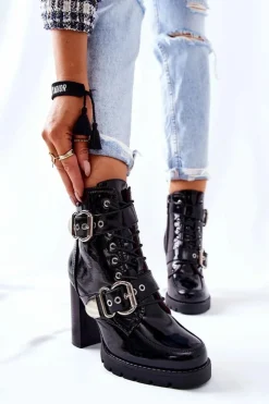 Boto Botki Na Słupku|Czarne Botki*Botki Na Słupku Lakierowane Z Klamrą Czarne Flaris