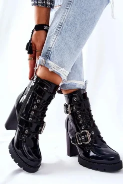 Boto Botki Na Słupku|Czarne Botki*Botki Na Słupku Lakierowane Z Klamrą Czarne Flaris