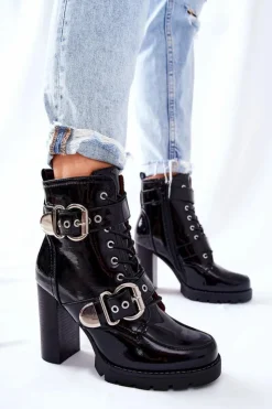 Boto Botki Na Słupku|Czarne Botki*Botki Na Słupku Lakierowane Z Klamrą Czarne Flaris