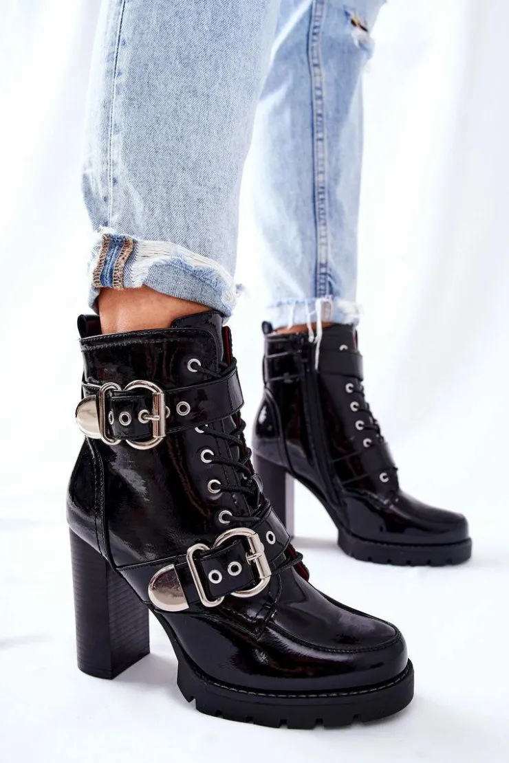 Boto Botki Na Słupku|Czarne Botki*Botki Na Słupku Lakierowane Z Klamrą Czarne Flaris