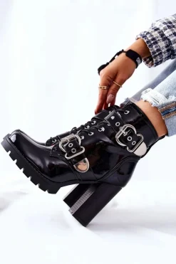 Boto Botki Na Słupku|Czarne Botki*Botki Na Słupku Lakierowane Z Klamrą Czarne Flaris