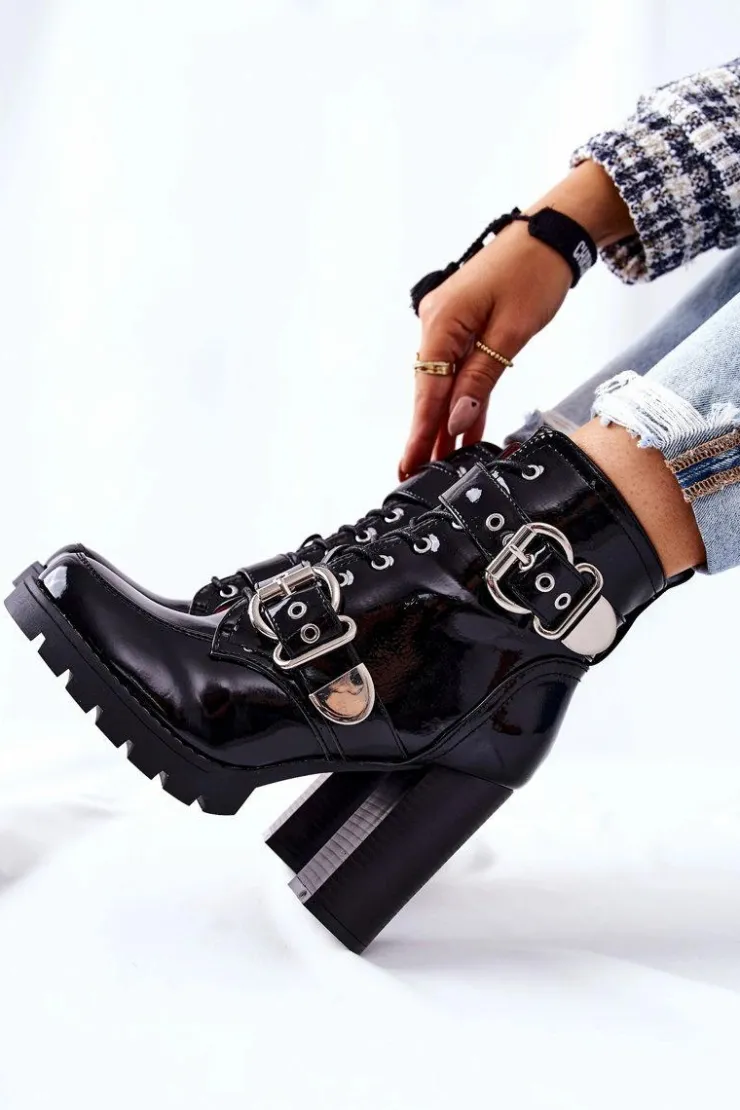 Boto Botki Na Słupku|Czarne Botki*Botki Na Słupku Lakierowane Z Klamrą Czarne Flaris