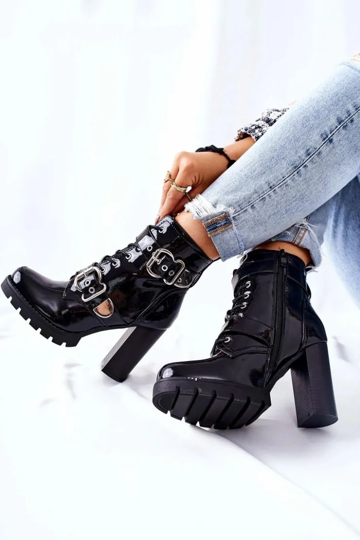 Boto Botki Na Słupku|Czarne Botki*Botki Na Słupku Lakierowane Z Klamrą Czarne Flaris