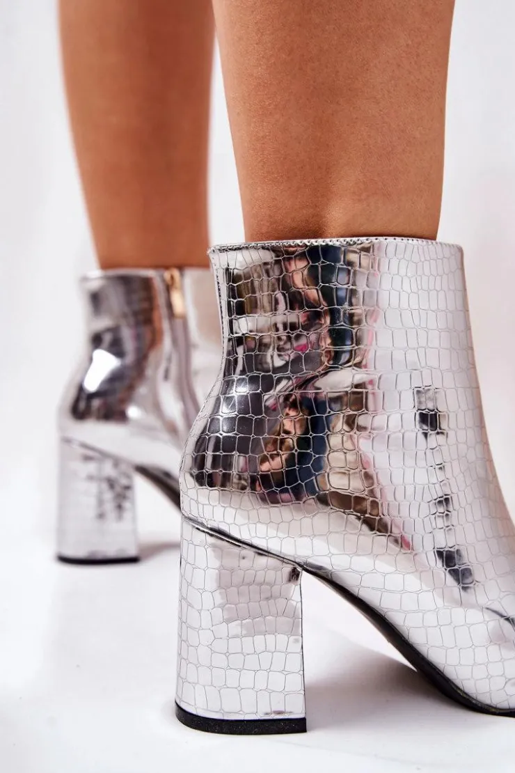 Discount Boto Botki Na Słupku Lustrzane Wężowe Srebrne Ferty