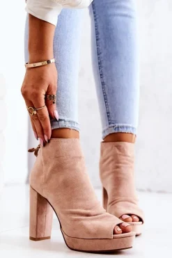 Boto Botki Na Słupku|Czarne Botki*Botki Na Słupku Odkryte Palce Beżowe Adore