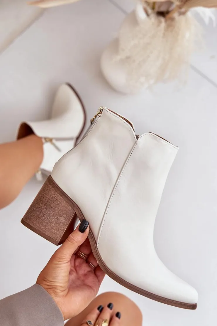 Boto Botki Wiosenne|Botki Ażurowe*Botki Na Słupku Skóra Naturalna Zazoo 3673 Białe