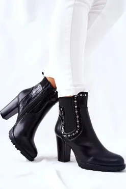 Damskie Boto Botki Na Słupku Z Dżetami Czarne Wissey