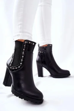 Damskie Boto Botki Na Słupku Z Dżetami Czarne Wissey