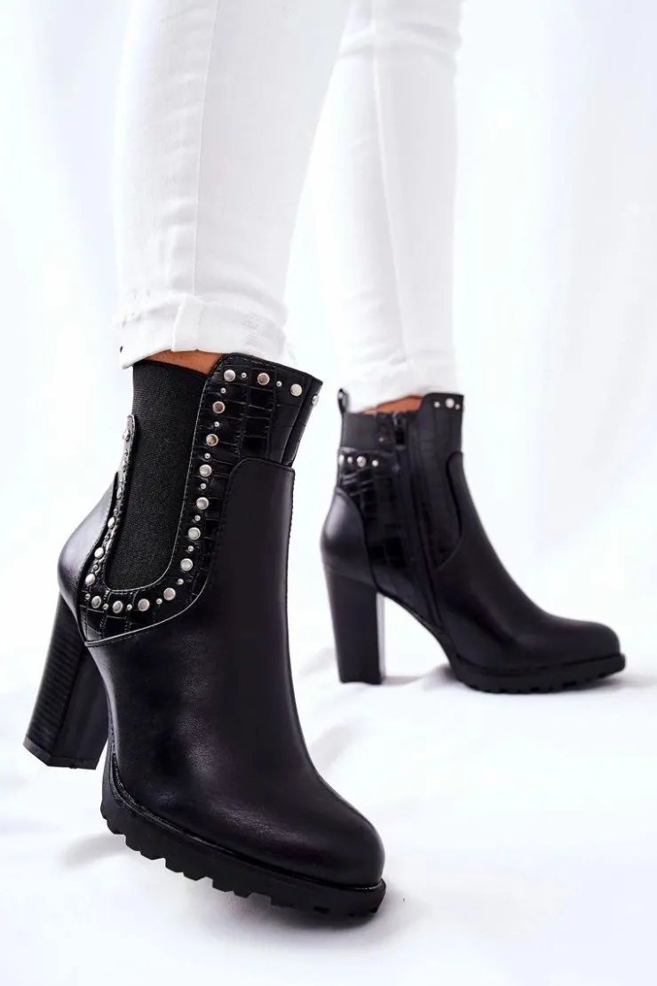 Damskie Boto Botki Na Słupku Z Dżetami Czarne Wissey