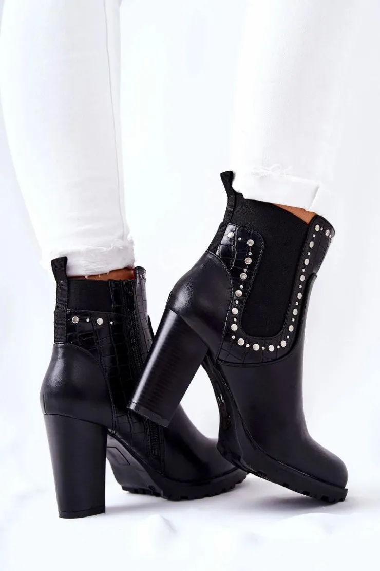 Damskie Boto Botki Na Słupku Z Dżetami Czarne Wissey