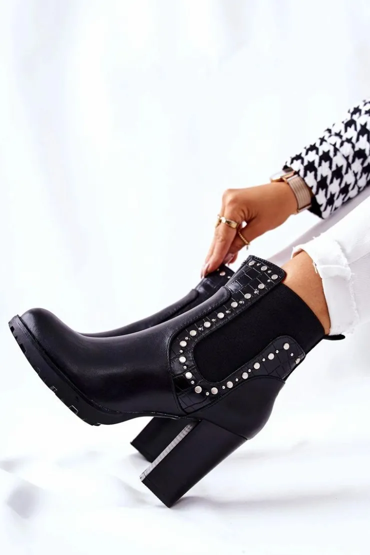 Damskie Boto Botki Na Słupku Z Dżetami Czarne Wissey