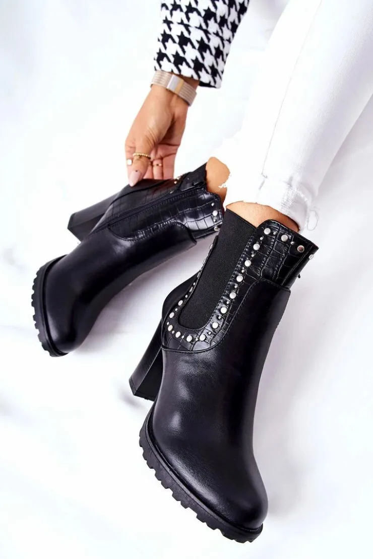 Damskie Boto Botki Na Słupku Z Dżetami Czarne Wissey