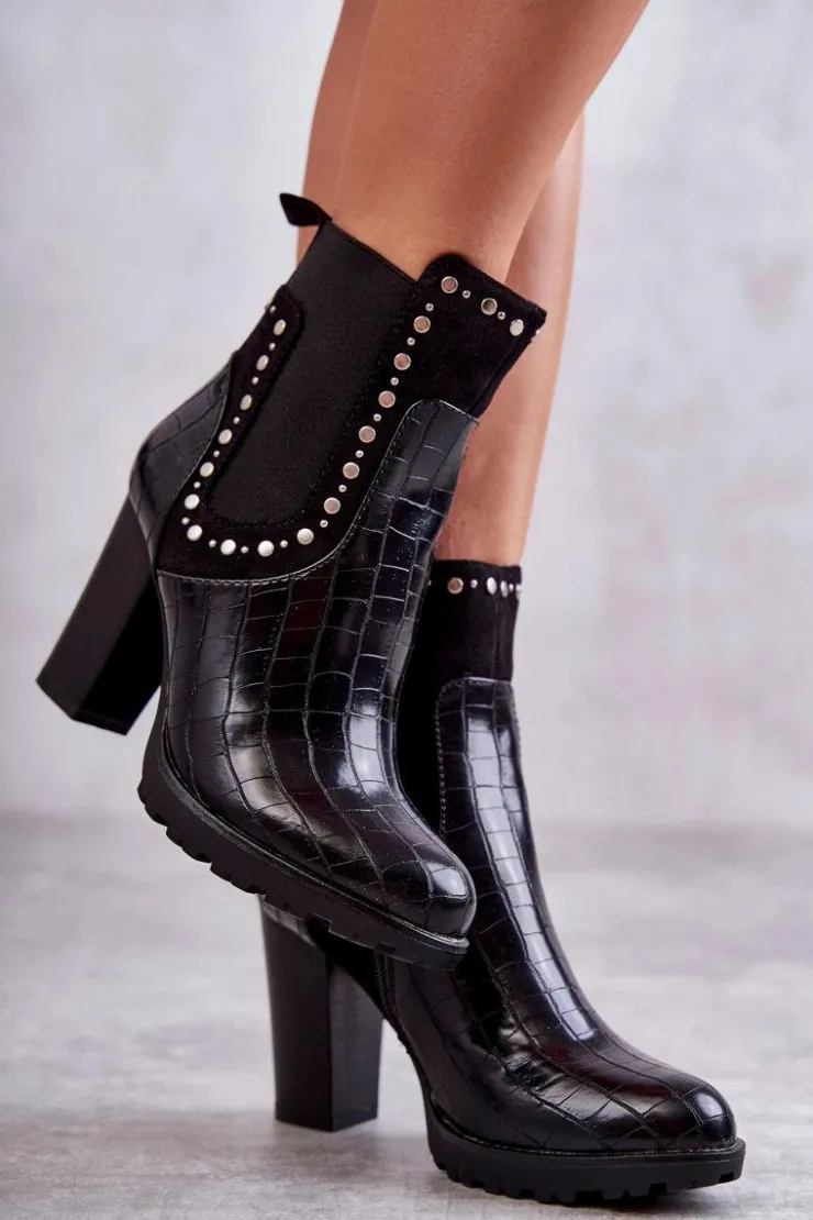 Discount Boto Botki Na Słupku Z Dżetami Wężowe Czarne Wissey