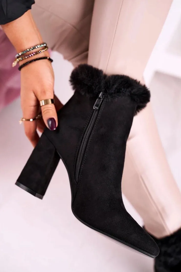Boto Botki Na Słupku|Czarne Botki*Botki Na Słupku Z Futerkiem Zamszowe Czarne Sophie