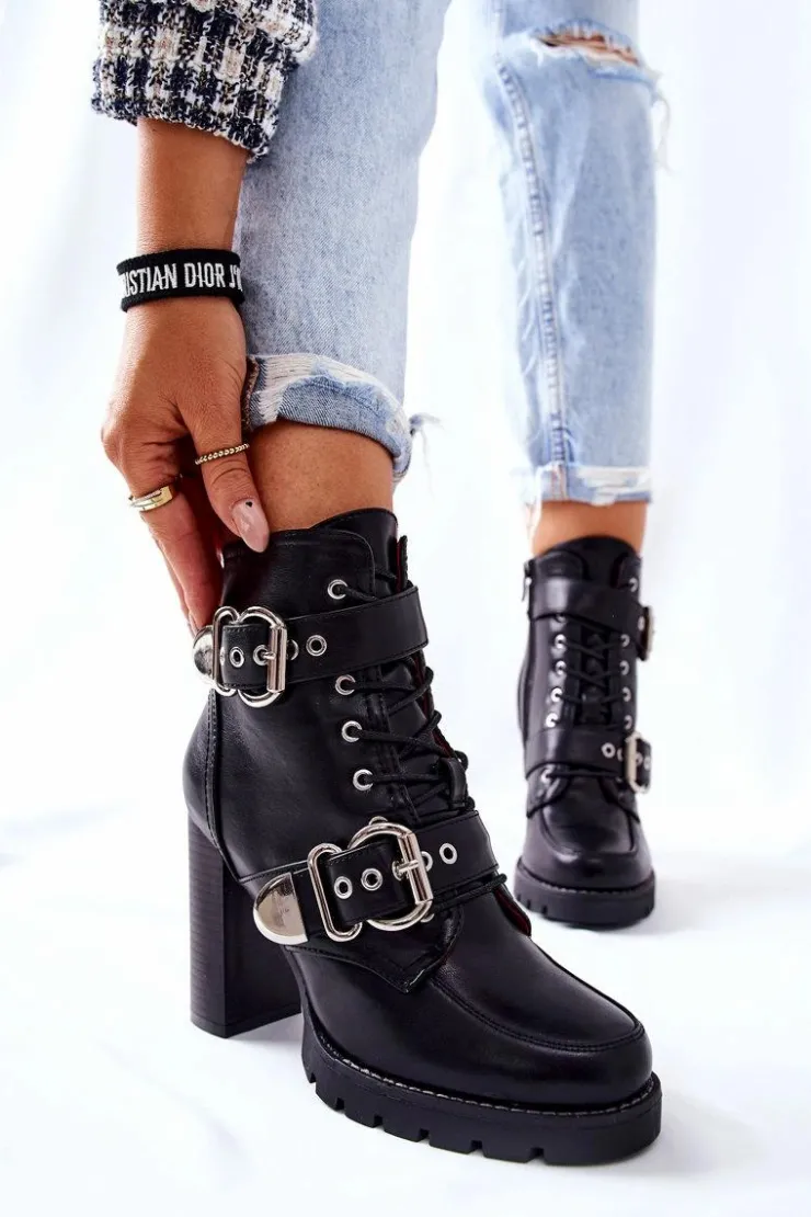 Damskie Boto Botki Na Słupku Z Klamrą Czarne Flaris