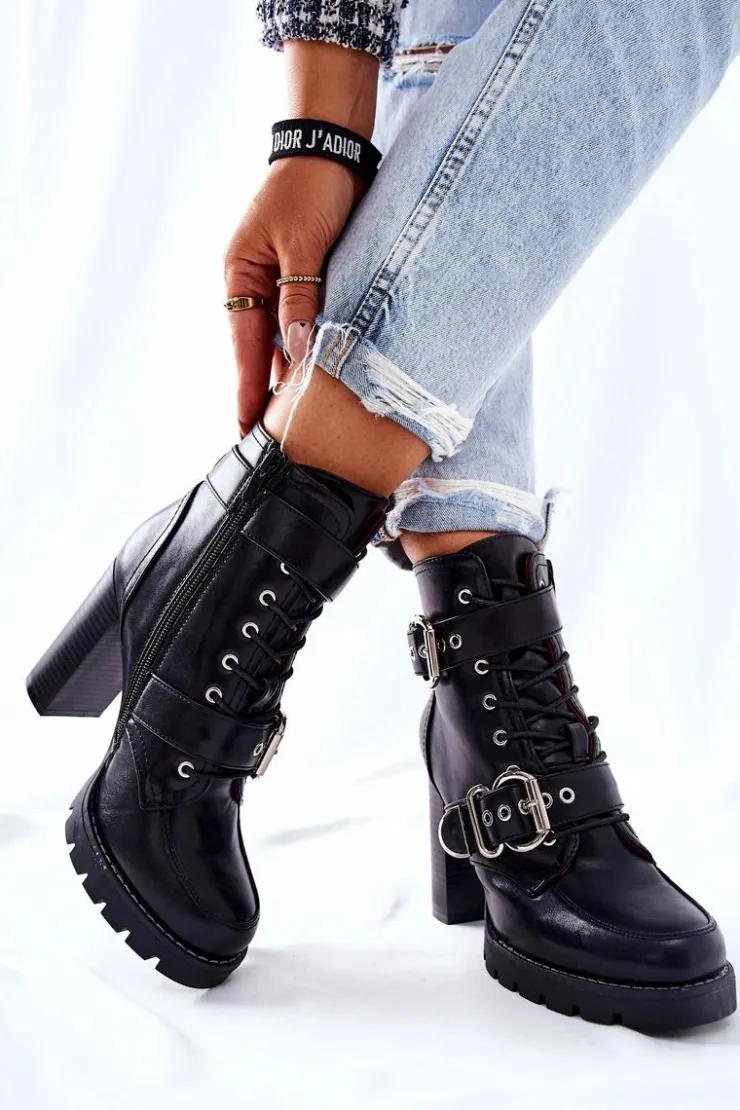 Damskie Boto Botki Na Słupku Z Klamrą Czarne Flaris