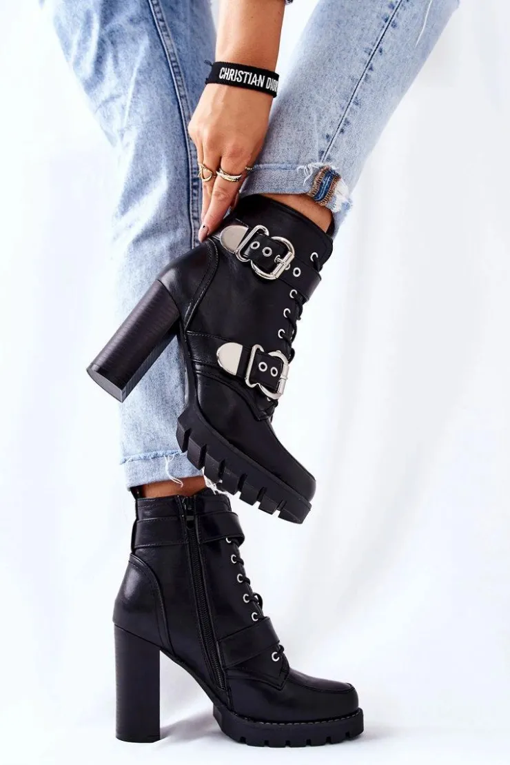 Damskie Boto Botki Na Słupku Z Klamrą Czarne Flaris