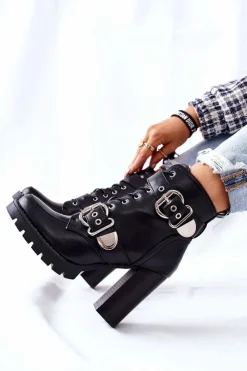 Damskie Boto Botki Na Słupku Z Klamrą Czarne Flaris