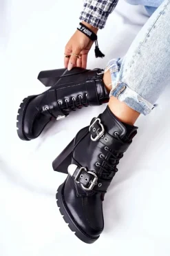 Damskie Boto Botki Na Słupku Z Klamrą Czarne Flaris