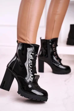 Discount Boto Botki Na Słupku Z Perełkami Czarne Lakierowane Black Mirror