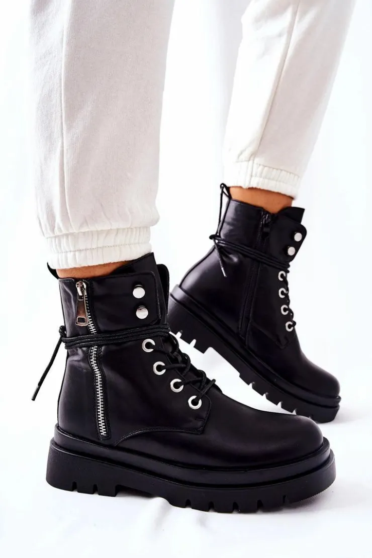 Boto Botki Na Suwak Z Wiązaniem Czarne Elissmo