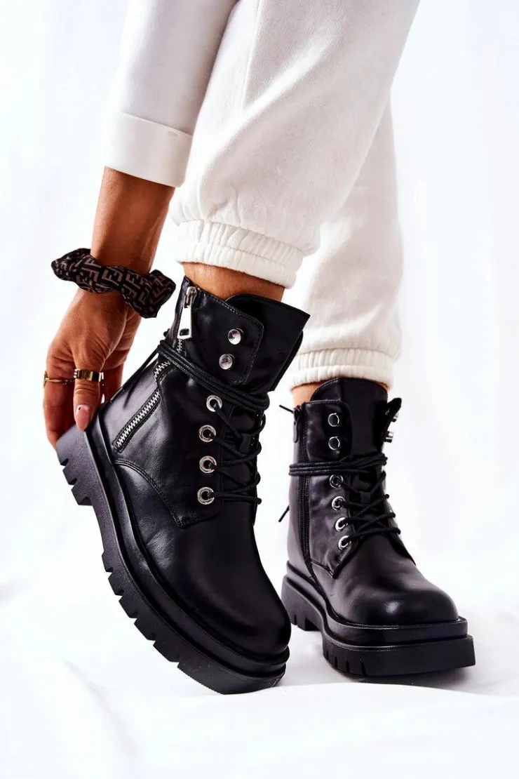 Boto Botki Na Suwak Z Wiązaniem Czarne Elissmo