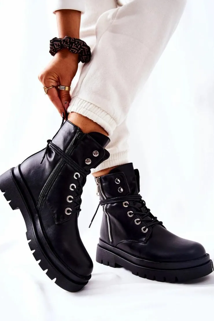 Boto Botki Na Suwak Z Wiązaniem Czarne Elissmo