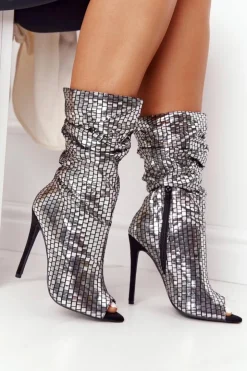 Boto Czarne Botki|Botki Na Obcasie*Botki Na Szpilce Srebrne Night Out