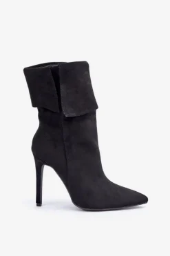 Damskie Boto Botki Na Szpilce Z Wywiniętą Cholewką Czarne Luxira