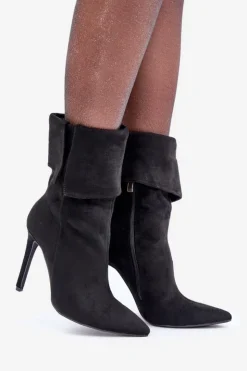 Damskie Boto Botki Na Szpilce Z Wywiniętą Cholewką Czarne Luxira