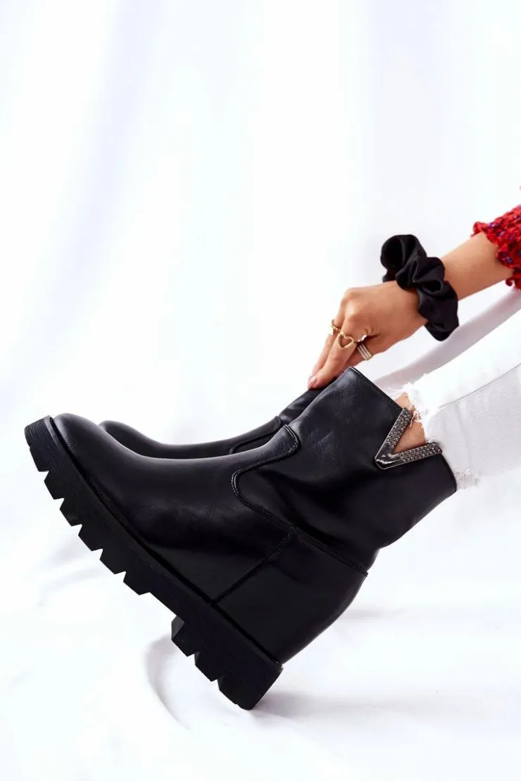 Boto Botki Na Koturnie|Czarne Botki*Botki Na Ukrytym Koturnie Z Emblematem Czarne Tivera