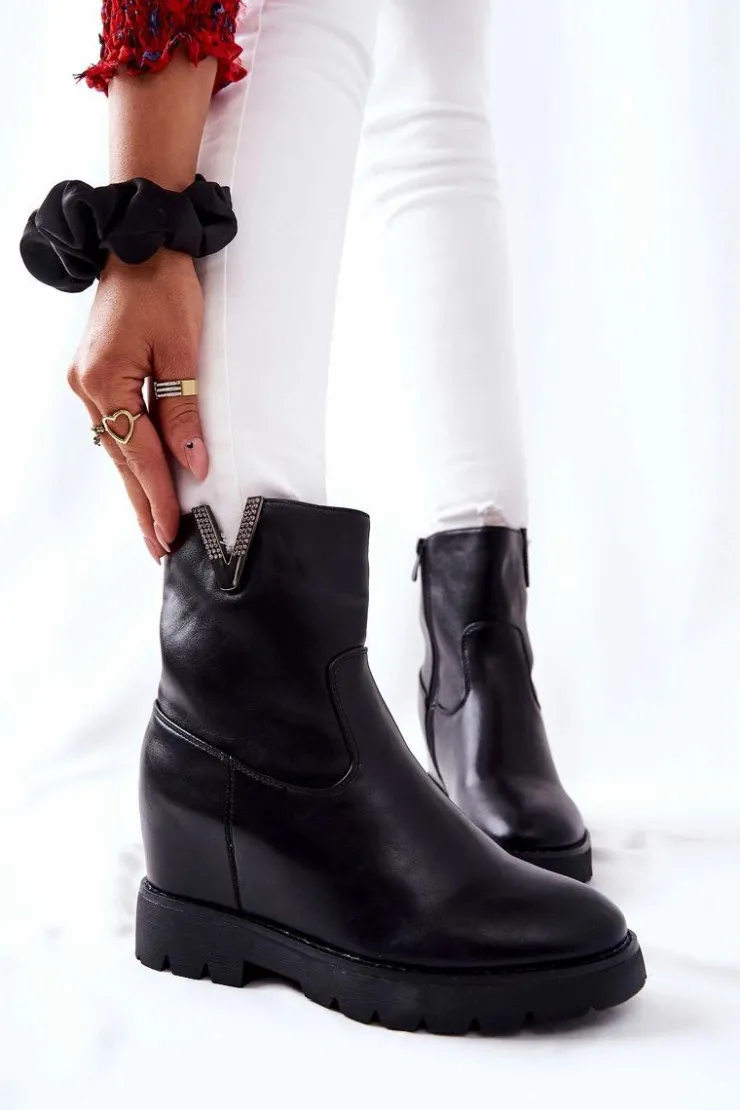 Boto Botki Na Koturnie|Czarne Botki*Botki Na Ukrytym Koturnie Z Emblematem Czarne Tivera