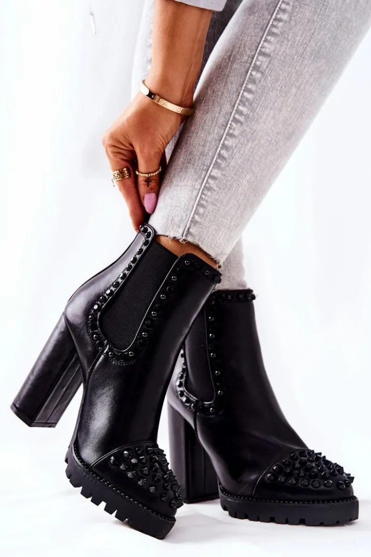 Sale Boto Botki Na Wysokim Obcasie Z Dżetami Czarne Lisana