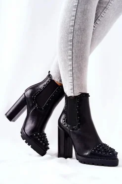 Sale Boto Botki Na Wysokim Obcasie Z Dżetami Czarne Lisana
