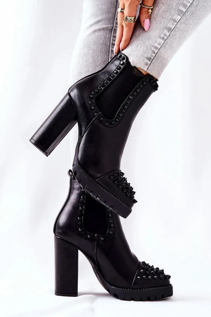 Sale Boto Botki Na Wysokim Obcasie Z Dżetami Czarne Lisana