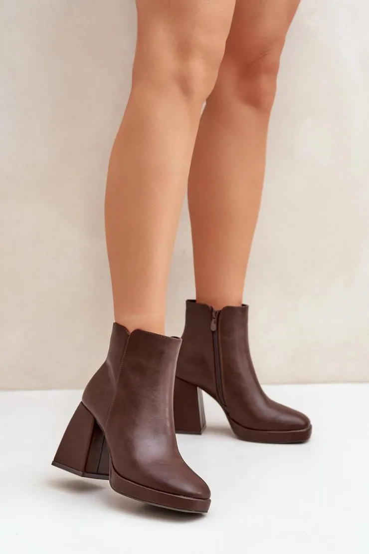 Boto Botki Na Słupku|Czarne Botki*Botki Na Wysokim Obcasie Słupku Eko Skórzane Ciemnobrązowe Selarae