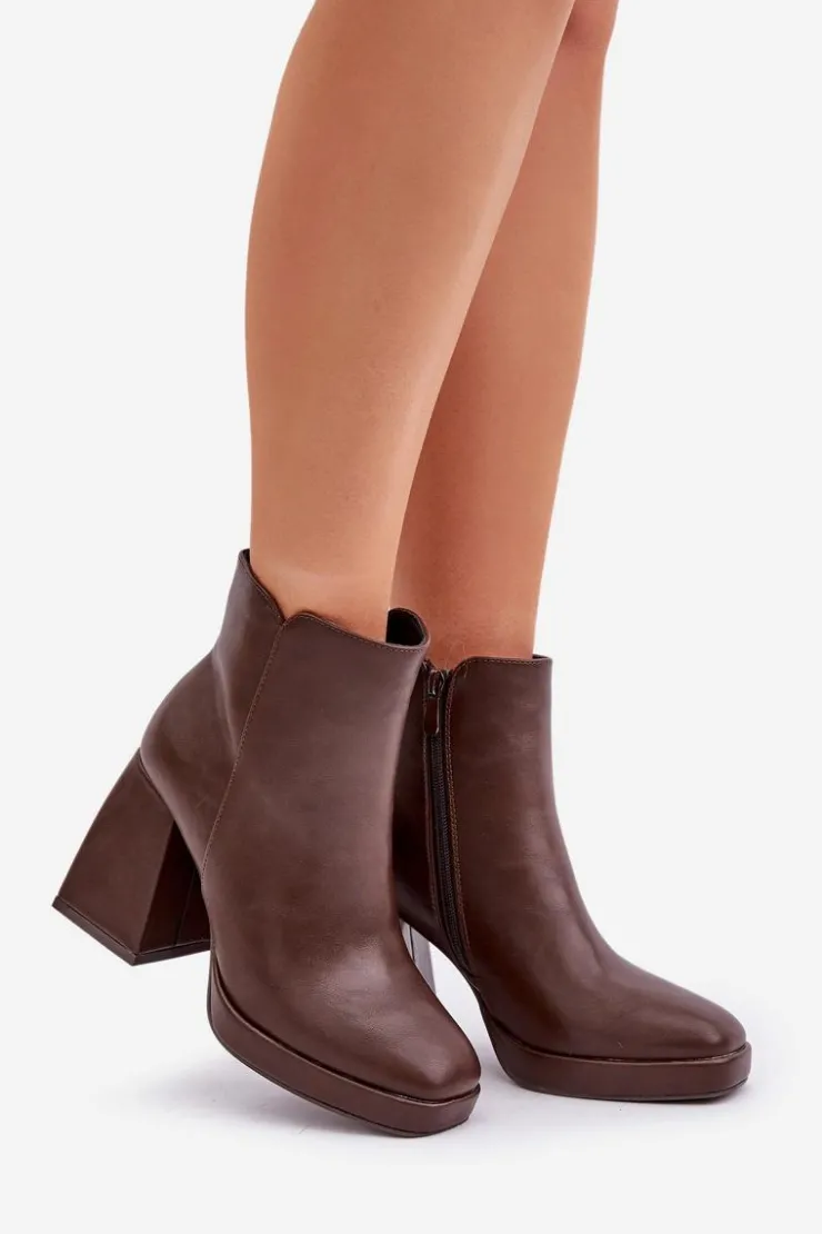 Boto Botki Na Słupku|Czarne Botki*Botki Na Wysokim Obcasie Słupku Eko Skórzane Ciemnobrązowe Selarae