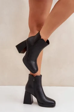 Damskie Boto Botki Na Wysokim Obcasie Słupku Eko Skórzane Czarne Selarae