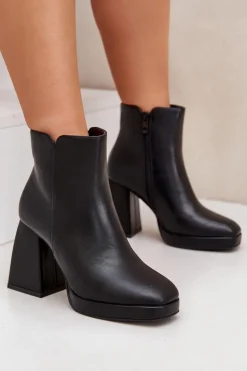 Damskie Boto Botki Na Wysokim Obcasie Słupku Eko Skórzane Czarne Selarae