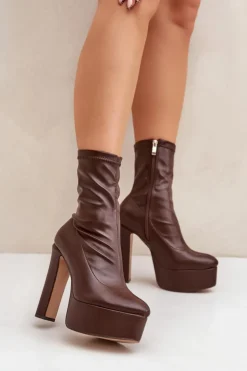 Damskie Boto Botki Na Wysokim Obcasie Słupku I Platformie Ciemnobrązowe Tennira