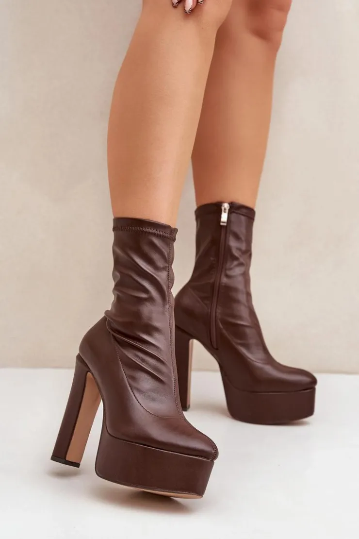 Damskie Boto Botki Na Wysokim Obcasie Słupku I Platformie Ciemnobrązowe Tennira