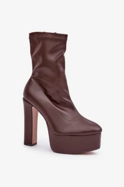 Damskie Boto Botki Na Wysokim Obcasie Słupku I Platformie Ciemnobrązowe Tennira