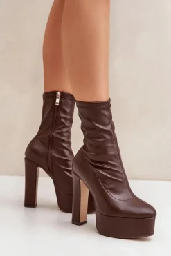 Damskie Boto Botki Na Wysokim Obcasie Słupku I Platformie Ciemnobrązowe Tennira