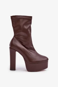 Damskie Boto Botki Na Wysokim Obcasie Słupku I Platformie Ciemnobrązowe Tennira
