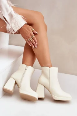 Boto Botki Na Wysokim Obcasie Słupku Eko Skórzane Jasnobeżowe Selarae