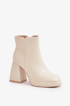 Boto Botki Na Wysokim Obcasie Słupku Eko Skórzane Jasnobeżowe Selarae