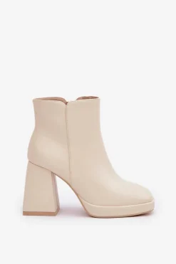 Boto Botki Na Wysokim Obcasie Słupku Eko Skórzane Jasnobeżowe Selarae