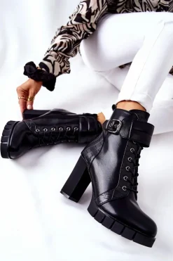 Damskie Boto Botki Na Wysokim Słupku Czarne Wiązane Fasha