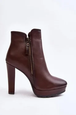 Damskie Boto Botki Na Wysokim Słupku Z Suwakami Brązowe Inezma