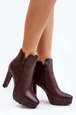 Damskie Boto Botki Na Wysokim Słupku Z Suwakami Brązowe Inezma